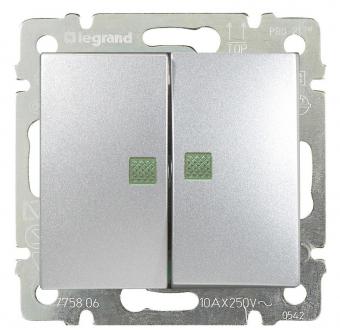 Выключатель двухклавишный с подсветкой 10А 250В Legrand Valena Classic алюминий