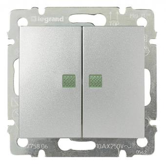 Выключатель проходной двухклавишный с подсветкой 10А 250В Legrand Valena Classic алюминий
