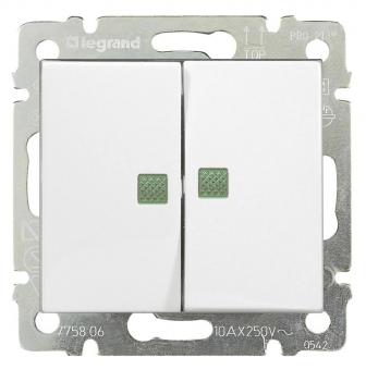 Переключатель проходной двухклавишный с подсветкой 10А 250В Legrand Valena Classic белый