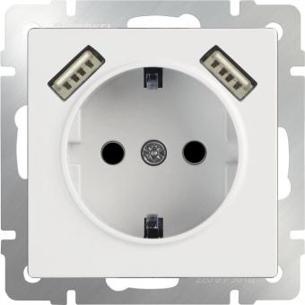 Розетка с заземлением, шторками и двумя разъемами USB Werkel (белая)