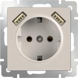 Розетка с заземлением, шторками и двумя разъемами USB Werkel (слоновая кость)