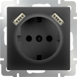 Розетка с заземлением, шторками и двумя разъемами USB Werkel (черная)