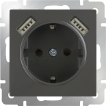 Розетка с заземлением, шторками и двумя разъемами USB Werkel (серо-коричневая)