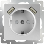 Розетка с заземлением, шторками и двумя разъемами USB Werkel (серебряная)